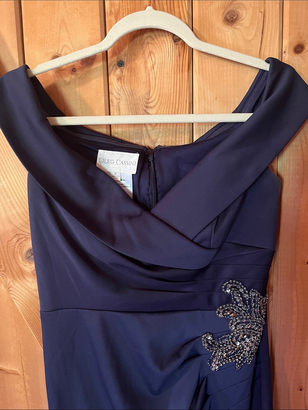 Oleg Cassini Navy Off-Shoulder gown with Beaded Applique - Picture 4 of 8